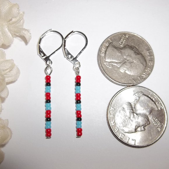 Linear Seed Bead Drop Earring Minimalist Sleek Red Turquoise Blue Black Set A726 - Picture 3 of 9